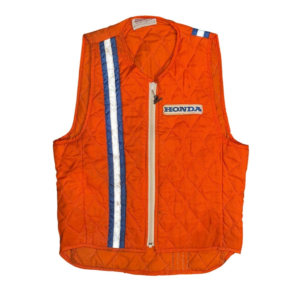 Vintage Hondaline Sportswear Honda Quilted Vest Orange Racing Moto USA Made